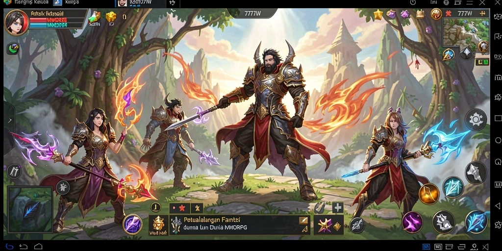 Screenshot gameplay 7777W yang menampilkan pertarungan seru dan dunia fantasi.