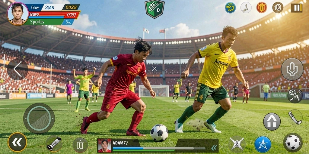 Tampilan layar utama <strong>ADAM77</strong> menampilkan aksi seru dalam permainan olahraga.