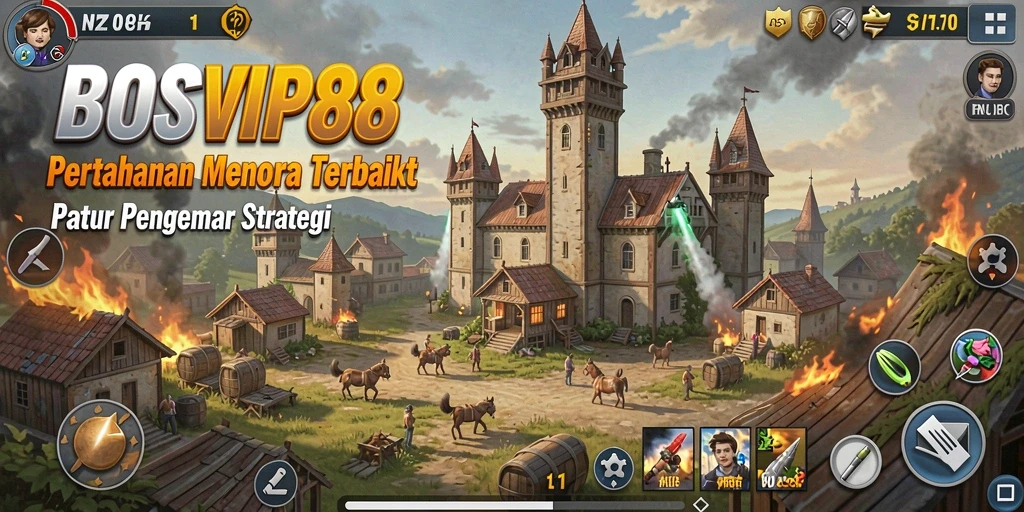 Screenshot utama BOSVIP88 menampilkan aksi pertahanan menara yang mendebarkan.