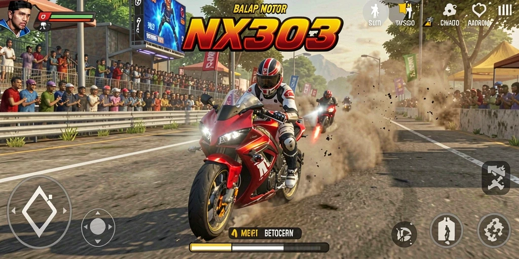 Gameplay NX303 menampilkan balapan motor yang seru dan mendebarkan.