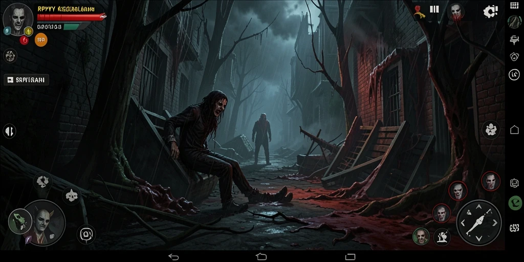 Tampilan gameplay RPYYY dengan latar misterius dan makhluk menyeramkan.