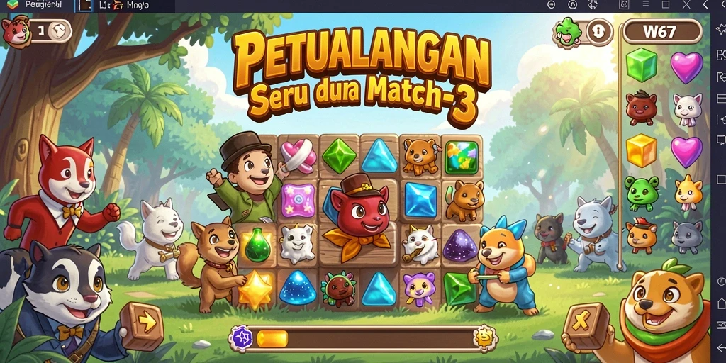 Tangkapan layar gameplay W67 yang menampilkan keseruan mencocokkan simbol.