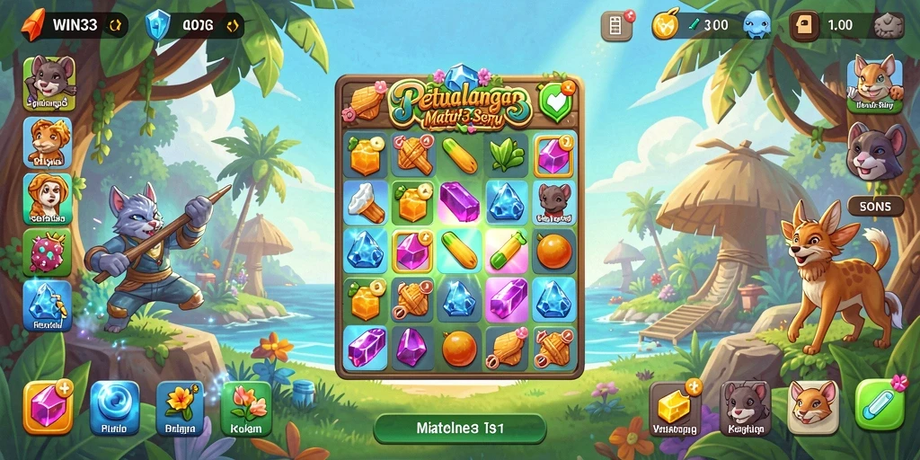 Tampilan gameplay WIN33 dengan tantangan Match-3 yang seru.